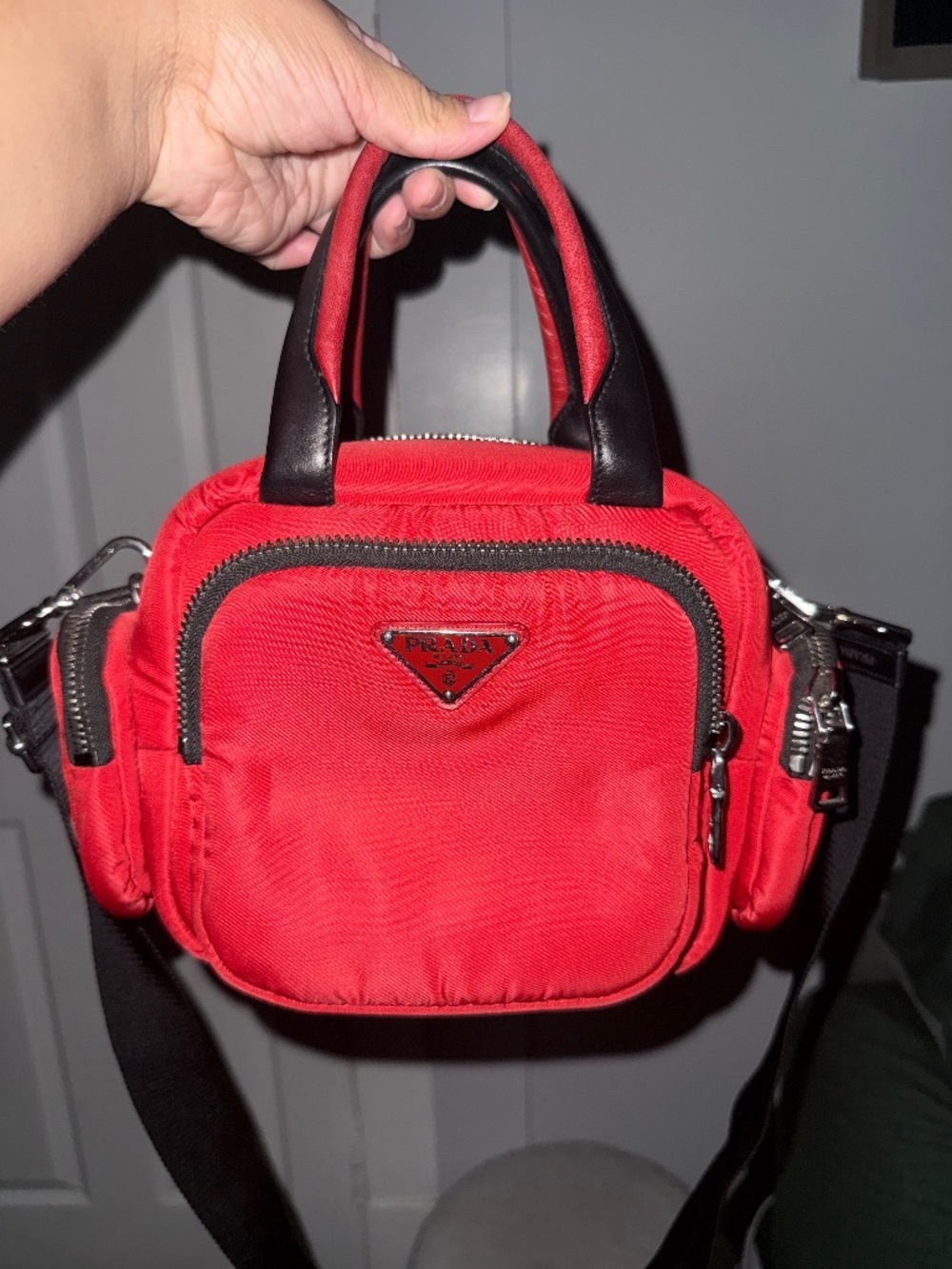 Prada Tessuto Pocket Bag – Style 1BB061 – Rosso + Nero